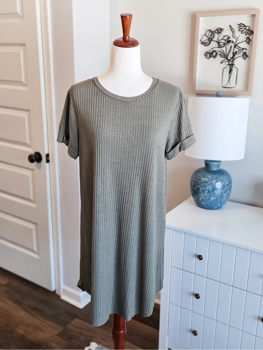 Women's Olive Ribbed Short Sleeve Tunic Mini Dress